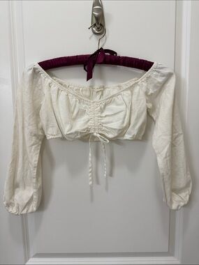 La Hearts Ivory Off-Shoulder Ruched Drawstring Crop Top
